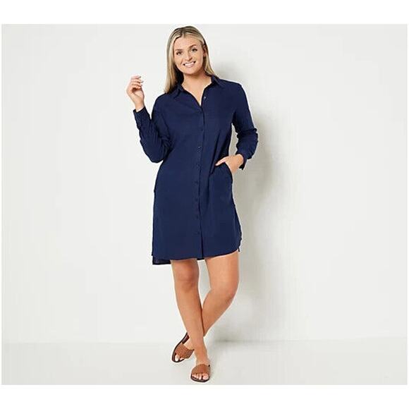 DENIM & CO. NATURALS NEW $66 Linen Blend Button Front Shirt Dress Pockets Small - Picture 1 of 2